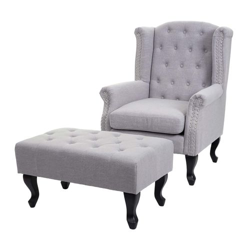 4057651315607 - Sessel Chesterfield Oxford Relaxsessel Clubsessel Ohrensessel wasserabweisend Stoff Textil ~ grau mit Ottomane 4057651315607 - Sessel Chesterfield Oxford Relaxsessel Clubsessel Ohrensessel wasserabweisend Stoff Textil ~ grau mit Ottomane