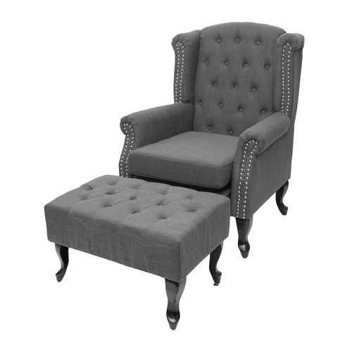 4057651527062 - Sessel Chesterfield Oxford Relaxsessel Clubsessel Ohrensessel wasserabweisend Stoff Textil ~ dunkelgrau mit Ottomane 4057651527062 - Sessel Chesterfield Oxford Relaxsessel Clubsessel Ohrensessel wasserabweisend Stoff Textil ~ dunkelgrau mit Ottomane
