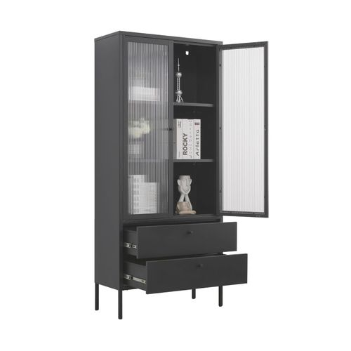 4260360016370 - Vitrine Paris aus Metall mit Schubladen und Glastüren Schwarz - Schwarz - Mein-regal