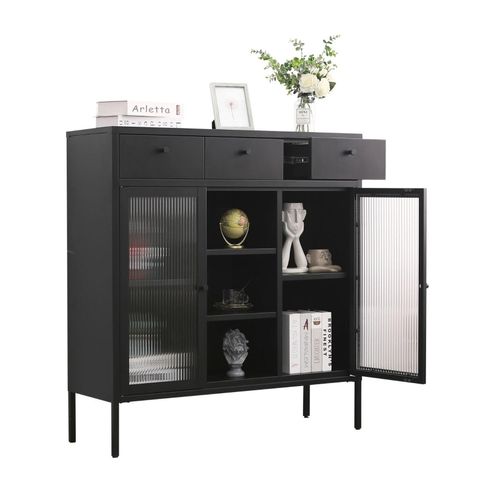 4260360016363 - Mein-Regal Kommode Paris 105x35x110cm Metall 3 Schubladen 3 Fächer Glastüren schwarz 4260360016363 - Mein-Regal Kommode Paris 105x35x110cm Metall 3 Schubladen 3 Fächer Glastüren schwarz