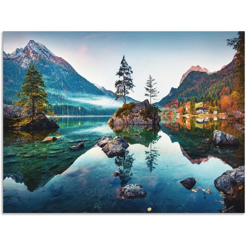 4062144598511 - Wandbild ARTLAND Herbstszene des Hintersee vor Alpen Bilder Gr B H 80 cm x 60 cm Alu-Dibond-Druck Seebilder Querformat 1 St blau Kunstdrucke als Alubild Leinwandbild Wandaufkleber oder Poster in versch Größen