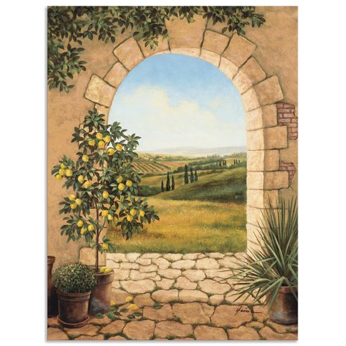 4057738407683 - Wandbild ARTLAND Zitronenbaum vorm Torbogen Bilder Gr B H 90 cm x 120 cm Alu-Dibond-Druck Fensterblick 1 St beige (naturfarben) Bild Poster Bilder als Alubild Leinwandbild Wandaufkleber oder in versch Größen