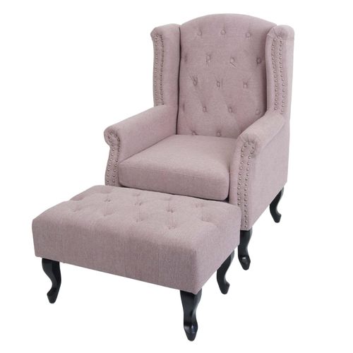 4057651726328 - Sessel Chesterfield Oxford Relaxsessel Clubsessel Ohrensessel wasserabweisend Stoff Textil ~ hellrosa mit Ottomane