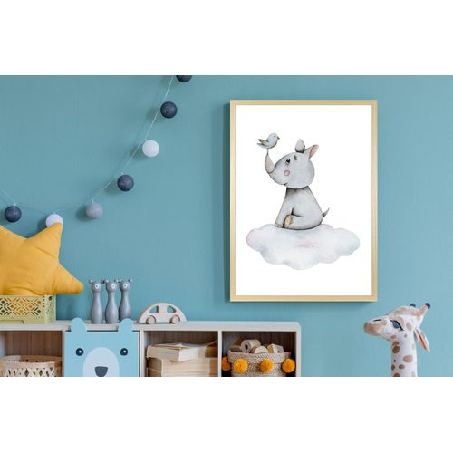 4067437120264 - Bild mit Rahmen QUEENCE Nashorn mit Vogel auf Wolke blau (farbe rahmen natur braun beige farbe bild(er) blau) B50cm H70cm T15cm Plexiglas Holz Bilder HD Premium Posterdruck mit Echtholzrahmen