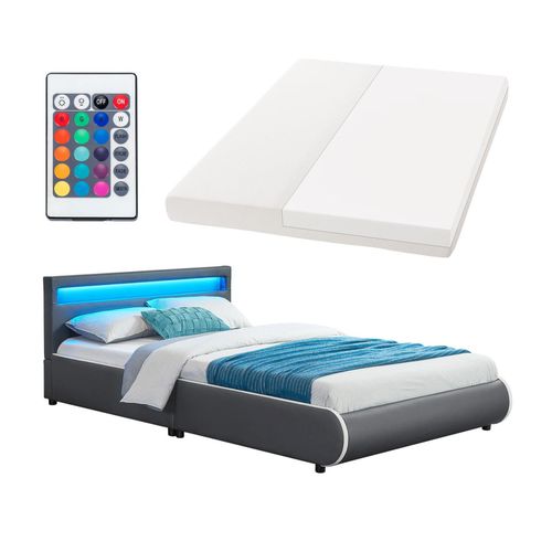 4260304765968 - Polsterbett Sevilla 140 x 200 cm mit Matratze Lattenrost led Beleuchtung & Kopfteil - Kunstleder & Holz - Bett Bettgestell Jugendbett grau - Juskys 4260304765968 - Polsterbett Sevilla 140 x 200 cm mit Matratze Lattenrost led Beleuchtung & Kopfteil - Kunstleder & Holz - Bett Bettgestell Jugendbett grau - Juskys