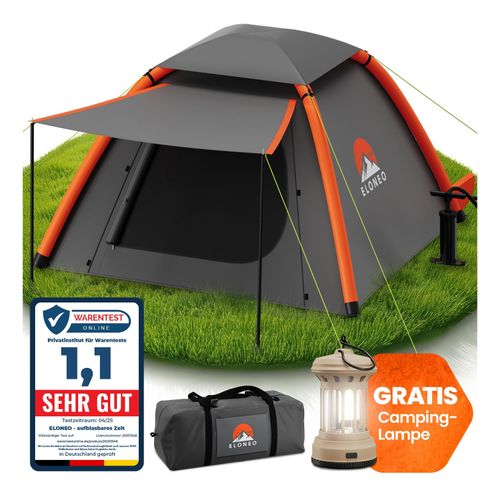 4260641680603 - ELONEO Grau Aufblasbares Zelt mit Vordach & Luftpumpe Camping Zelt wasserdicht Luftzelt Ultraleicht