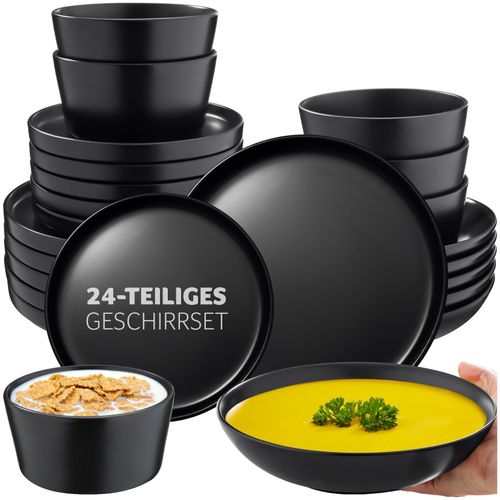 4061173261311 - tectake® Geschirrset Una - 24-teilig - Steingut 6 Personen - Stilvoll langlebig und ideal für den täglichen Gebrauch oder festliche Anlässe - Große und kleine Teller Schüsseln Teller - mattschwarz