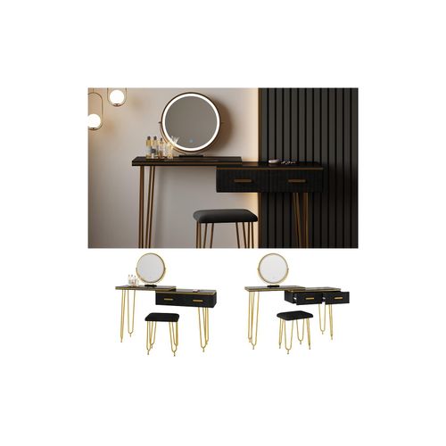 4066731259267 - Schminktisch Zoey 120x37cm Schwarz Frisiertisch mit LED-Spiegel & Hocker