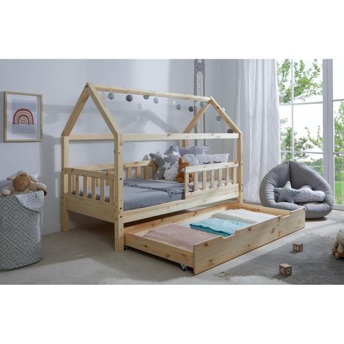 4251105969143 - TiCAA Kinderbett Hausbett Montessori Kay 90x200 100x200 cm 120x200 cm 140x200 für Jungen & Mädchen mit Schubladen Rausfallschutz & Rolllattenrost - aus Kiefer Massivholz für Kinderzimmer
