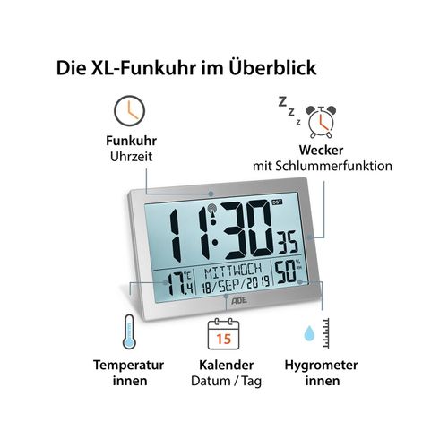 4262379091591 - - ADE Digitale XL-Funk-Tischuhr mit Thermometer und Hygrometer - silber 4262379091591 - - ADE Digitale XL-Funk-Tischuhr mit Thermometer und Hygrometer - silber