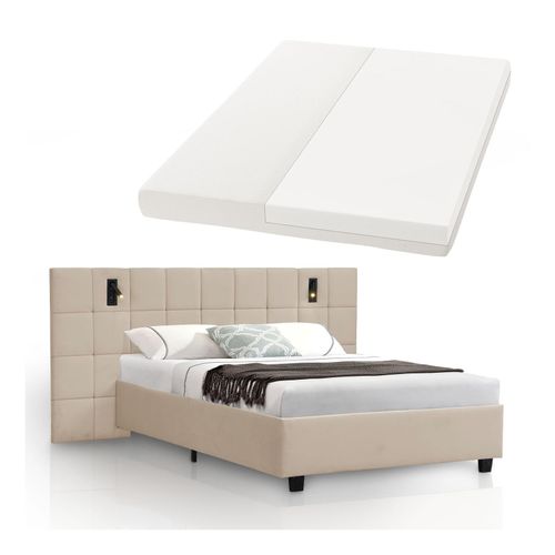 4262437184777 - Polsterbett 140x200 cm Luzano - Bett mit LED Matratze & Lattenrost - Bettgestell Samt Beige 4262437184777 - Polsterbett 140x200 cm Luzano - Bett mit LED Matratze & Lattenrost - Bettgestell Samt Beige