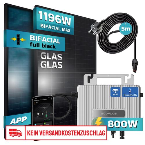 4255656229602 - SUNNIVA® 920W Balkonkraftwerk BIFAZIAL FULLBLACK komplett Steckdose EcoFlow 800 Watt Wechselrichter PV Solaranlage Komplettset 2x 460W N-Type Glas-Glas Bifacial Solarmodule 5m Kabel & 4x 1m Solarkabel