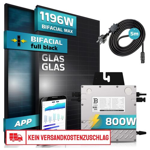 4255656231216 - SUNNIVA® 920W Balkonkraftwerk BIFAZIAL FULLBLACK komplett Steckdose Beny 800 Watt Wechselrichter PV Solaranlage Komplettset 2x 460W N-Type Glas-Glas Bifacial Solarmodule 5m Kabel & 4x 1m Solarkabel