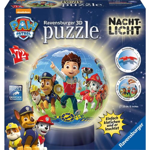 4005556118427 - Ravensburger 3D Puzzle 11842 - Nachtlicht Puzzle-Ball Paw Patrol - ab 6 Jahren LED Nachttischlampe mit Klatsch-Schalter - 72 Teile