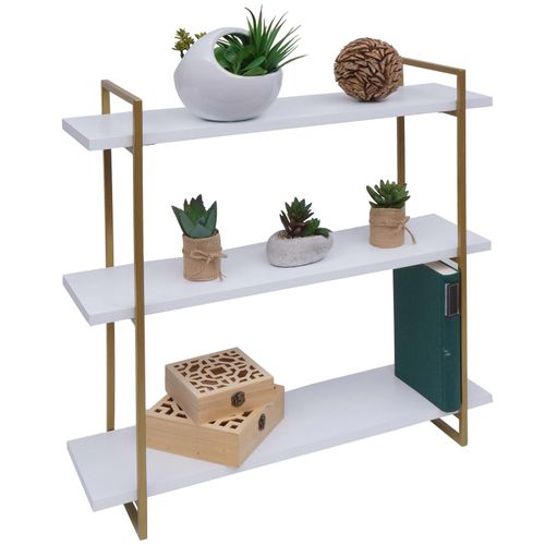 4057651580852 - Wandregal MCW-K78 Hängeregal Schweberegal 3 Regalböden Metall Massiv-Holz Industrial 60x60x18cm ~ weiß Metall gold