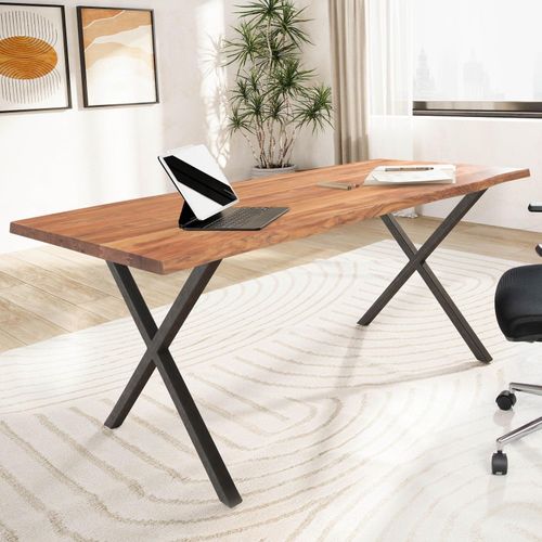 4251757721656 - Schreibtisch 120 cm Akazie Massivholz Bürotisch Computertisch Baumkante