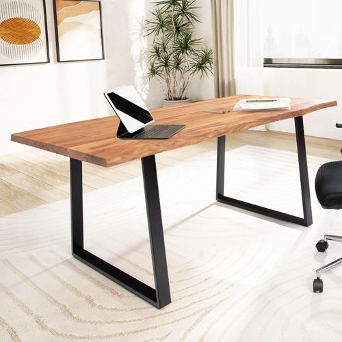 4251757721458 - Schreibtisch 120x60x76 cm Akazie Massivholz Metall Computertisch Baumkante Homeoffice Bürotisch Massiv mit Trapezbeinen in Schwarz 4251757721458 - Schreibtisch 120x60x76 cm Akazie Massivholz Metall Computertisch Baumkante Homeoffice Bürotisch Massiv mit Trapezbeinen in Schwarz