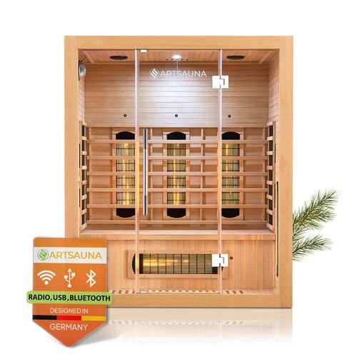 4260565528593 - Infrarotkabine Kiruna160 mit 6 Vollspektrum- & 3 Flächenstrahler 3 Personen 160x105x190 cm led Farblicht & Glastür Infrarotsauna Sauna - Artsauna 4260565528593 - Infrarotkabine Kiruna160 mit 6 Vollspektrum- & 3 Flächenstrahler 3 Personen 160x105x190 cm led Farblicht & Glastür Infrarotsauna Sauna - Artsauna