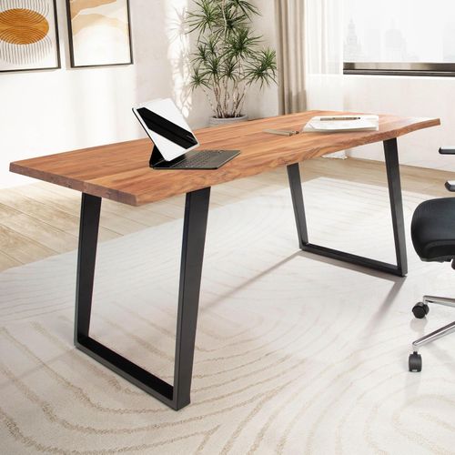 4251757721755 - Schreibtisch 120x60x76 cm Akazie Massivholz Metall Computertisch Baumkante Homeoffice Bürotisch Massiv mit U-Beinen in Schwarz Holztisch 4251757721755 - Schreibtisch 120x60x76 cm Akazie Massivholz Metall Computertisch Baumkante Homeoffice Bürotisch Massiv mit U-Beinen in Schwarz Holztisch