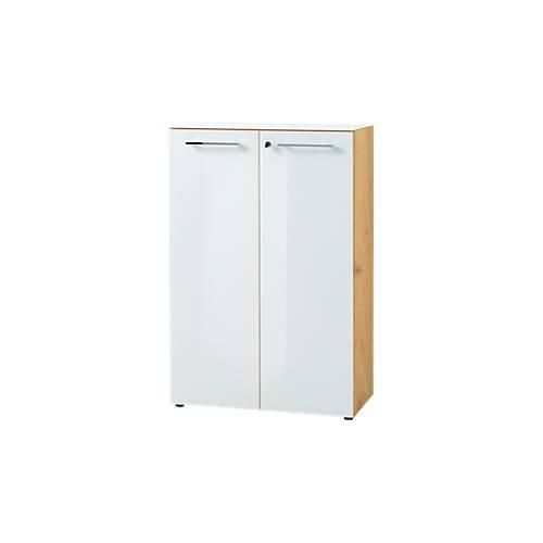 4005949420212 - Aktenschrank MONTERIA Front & Abdeckplatte aus Glas abschließbar 3 OH B 800 x T 370 x H 1200 mm Navarra Eiche weiß 4005949420212 - Aktenschrank MONTERIA Front & Abdeckplatte aus Glas abschließbar 3 OH B 800 x T 370 x H 1200 mm Navarra Eiche weiß