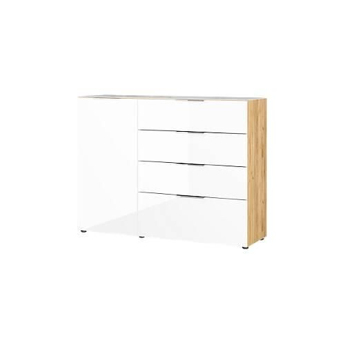 4005949369771 - Sideboard Genua mit 4 Schubladen und 1 Tür Glasfront- und auflage B 1340 x T 420 x H 1020 mm Navarra-Eiche weiß 4005949369771 - Sideboard Genua mit 4 Schubladen und 1 Tür Glasfront- und auflage B 1340 x T 420 x H 1020 mm Navarra-Eiche weiß