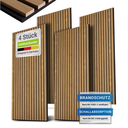 4262437184913 - Wandpaneele Akustik 4er Set 288 qm - Holzfurnier & reduziert Hall und Lärm - Eiche Natur Dunkel