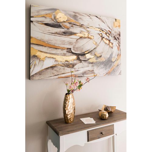 4250965967993 - Ölbild MYFLAIR MÖBEL & ACCESSOIRES Gemälde Federn weiß goldfarben Bilder Gr B H T 80 cm x 120 cm x 38 cm Hochformat goldfarben (weiß gold) Ölbilder Bilder Bild auf Leinwand 80x120 cm Wohnzimmer