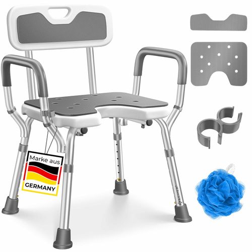 4255598334525 - KESSER® Duschhocker mit Lehne höhenverstellbar in 6 Stufen 38-54cm Badhocker 150KG belastbar Duschstuhl Anti-Rutsch Füße & Matten Duschhilfe Senioren & Schwangere Duschsitz mit Brausehalterung