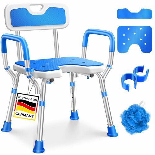 4255598334518 - KESSER® Duschhocker mit Lehne höhenverstellbar in 6 Stufen 38-54cm Badhocker 150KG belastbar Duschstuhl Anti-Rutsch Füße & Matten Duschhilfe Senioren & Schwangere Duschsitz mit Brausehalterung