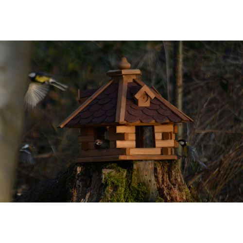 4055894987100 - Rustikales XL-Vogelfutterhaus im Blockhaus-Stil mit rotem Bitumendach Vogelhaus mit 6 Einfluglöchern