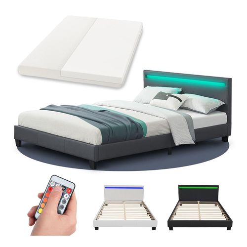 4260304766989 - Polsterbett Paris 140 x 200 cm mit Matratze Lattenrost led Beleuchtung & Kopfteil - Kunstleder & Holz - Bett Bettgestell Jugendbett - grau - Juskys 4260304766989 - Polsterbett Paris 140 x 200 cm mit Matratze Lattenrost led Beleuchtung & Kopfteil - Kunstleder & Holz - Bett Bettgestell Jugendbett - grau - Juskys