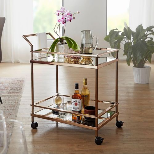 4250950292918 - Design Servierwagen Dunkles Gold 2 Ebenen mit Bremsen Beistelltisch auf Rollen Speisewagen mit Glasplatte Küchenwagen Teewagen - Finebuy