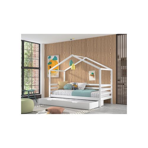 5420070245401 - Hausbett mit Umrandung 90 x 200 cm LF inkl Rolllattenrost und Bettschublade Ausf Kiefer Weiß lackiert