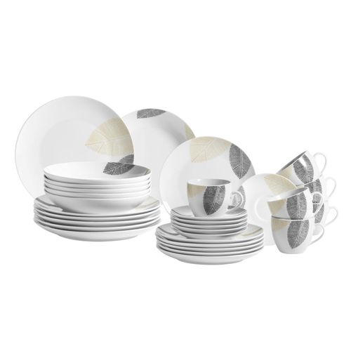 9001794669085 - Kombiservice MÄSER Geschirr-Set Service Jona Geschirr-Sets Gr 30 tlg grau (weiß grau) Geschirr-Sets für 6 Personen mit Blätterdekor 30 Teile