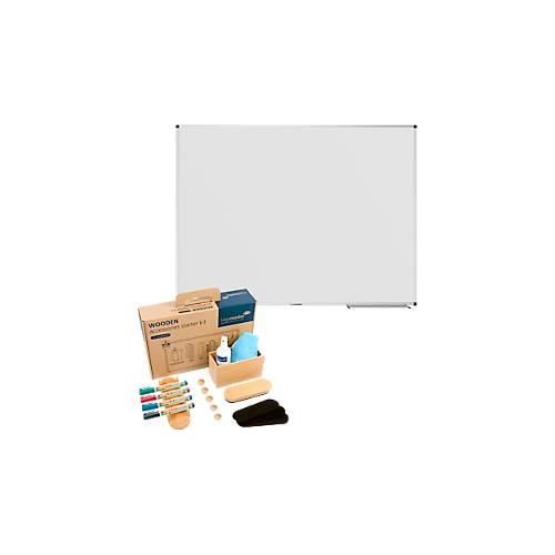 4251898827804 - Whiteboard UNITE magnetisch Markerablage B 1200 x T 126 x H 900 mm lackierter Stahl weiß inkl Whiteboard Zubehör Set WOODEN 17-teilig