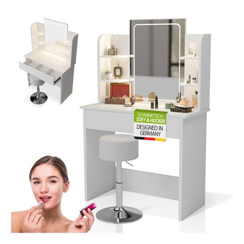4262437184876 - Schminktisch Zoey & Hocker Tonia mit Touch-LED-Spiegel & Stauraum moderne Oberfläche – Weiß 4262437184876 - Schminktisch Zoey & Hocker Tonia mit Touch-LED-Spiegel & Stauraum moderne Oberfläche – Weiß