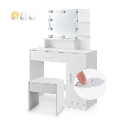 4262437184036 - Schminktisch Zoey mit LED & bequemen Hocker Melly - Spiegel Schrank & Schublade - Weiß 4262437184036 - Schminktisch Zoey mit LED & bequemen Hocker Melly - Spiegel Schrank & Schublade - Weiß