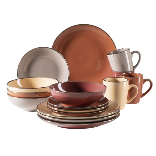9001794820851 - Kombiservice Steinzeug METALLIC RIM 16 (Farbe Rot Braun Orange Beige)