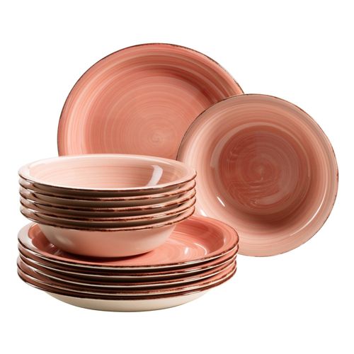 9001794723947 - Tafelservice HOME AFFAIRE Teller Set Geschirr-Set Bel Tempo Geschirr-Sets Gr 12 tlg orange (koralle) rustikale Holzoptik mit Spiraldekor 12 Teile für 6 Personen
