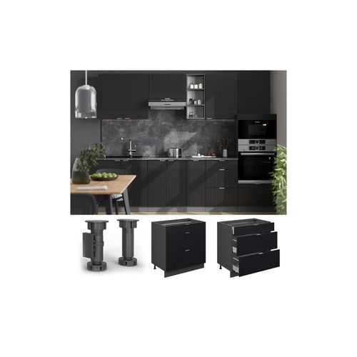 4066731457915 - Schubladenunterschrank Fame-Line Anthrazit Schwarz gestreift 80 cm mit Arbeitsplatte Marmor-Weiß