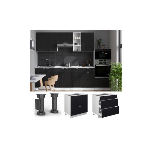 4066731457700 - Schubladenunterschrank Fame-Line Weiß Schwarz gestreift 80 cm mit Arbeitsplatte Eiche