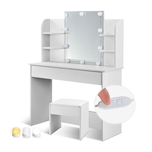 4262437183992 - Schminktisch Bella mit LED & Hocker Melly - Spiegel Schublade & Ablagefächer - Holz - Weiß