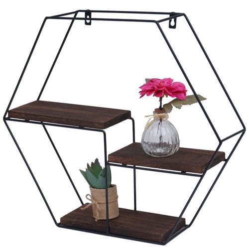 4057651582368 - Wandregal MCW-K76 Hängeregal Schweberegal Regal 3 Regalböden Metall Massiv-Holz Industrial 43x49x11cm ~ dunkelbraun