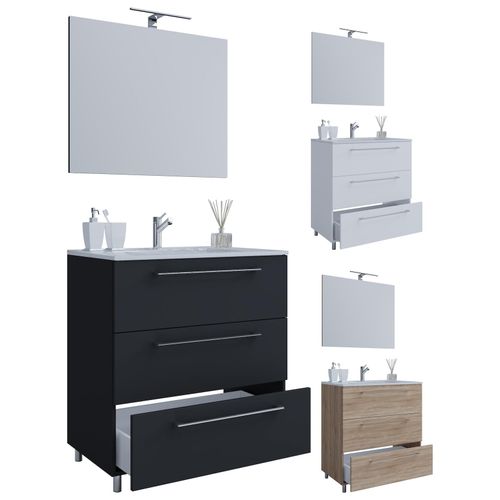 4051814375309 - 3-tlg Set 1 Waschtisch mit drei Schubladen 1 Spiegel 1 Waschbecken Keramik Waschbecken Waschplatz Badmöbel Set – Badinos 3 SC