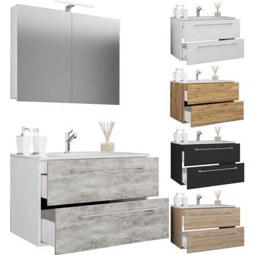 4051814373176 - 3-tlg Set 1 Waschtisch mit zwei Schubladen 1 Spiegelschrank 1 Waschbecken Keramik Waschbecken Waschplatz Breite 60 cm – Badinos SC
