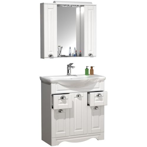 4051814427602 - 3-tlg Waschplatz Waschtisch Unterschrank 75 cm Badmöbel Set mit Waschbecken und Spiegelschrank praktische Schubladen Landhaus Komplettset Casalo XL
