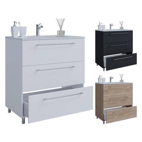 4051814380976 - 2-tlg Waschplatz Waschtisch Waschbecken Unterschrank Breite 80 cm Badmöbel Set stehend 3 Schubladen Badinos 4051814380976 - 2-tlg Waschplatz Waschtisch Waschbecken Unterschrank Breite 80 cm Badmöbel Set stehend 3 Schubladen Badinos