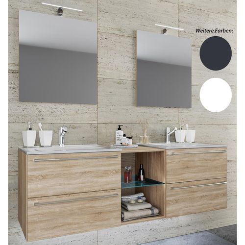 4051814369773 - 3-tlg Set 2 Waschtisch 2 Spiegelschrank 2 Waschbecken 1 Mittelfach Keramik Waschbecken Unterschrank 155 cm Badmöbel Set Doppel Waschplatz - Badinos XXL 4051814369773 - 3-tlg Set 2 Waschtisch 2 Spiegelschrank 2 Waschbecken 1 Mittelfach Keramik Waschbecken Unterschrank 155 cm Badmöbel Set Doppel Waschplatz - Badinos XXL