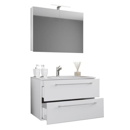 4051814375118 - 3-tlg Waschplatz Waschtisch Waschbecken Unterschrank Breite 80 cm Badmöbel Set hängend mit zwei Schubladen Spiegelschrank Badinos