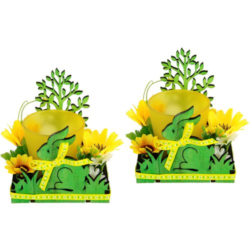 4019844795702 - Teelichthalter IGEA Hase Kerzenhalter gelb Kerzen Laternen 2er Set Windlicht Osterhase Glas Holz Kerzenleuchter Frühlingskranz 3D